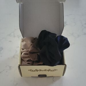 Chic Satin Hair Scrunchies Tan, Beige, Black, and Navy. Set Of 4 New In Box